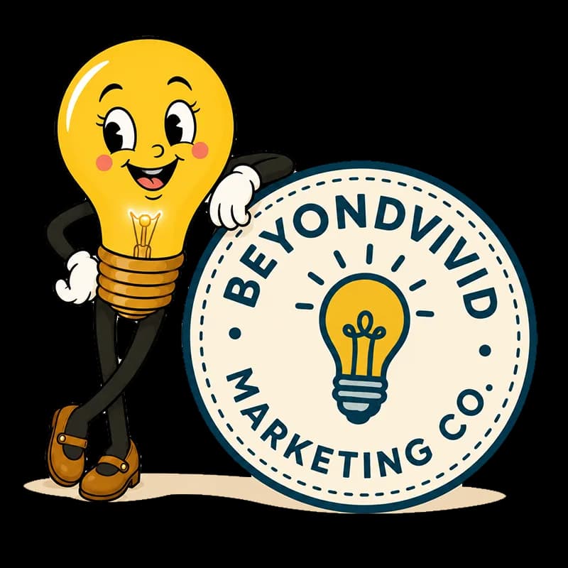 Lumi the Lightbulb standing next to the BeyondVivid Marketing Co. seal