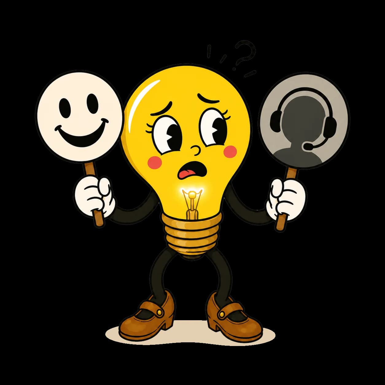 Lumi the Lightbulb mascot looking confused, holding up a happy smiling sign in one hand and a faceless headset support icon in the other