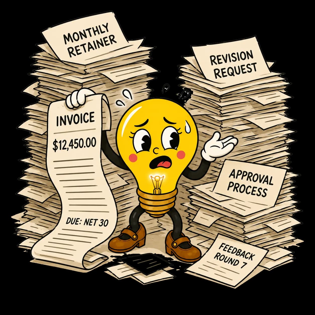 Lumi the Lightbulb mascot overwhelmed by towering stacks of invoices, monthly retainers, revision requests, and approval processes from a big agency