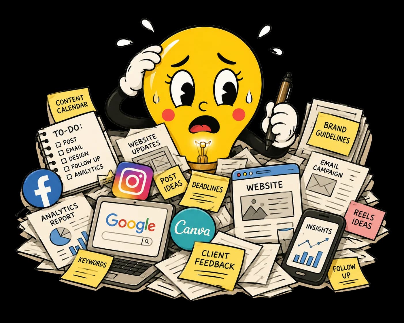 Lumi the Lightbulb mascot overwhelmed and surrounded by a pile of marketing tasks: content calendar, to-do list, website updates, deadlines, brand guidelines, analytics, social media, Canva, Google, email campaign, and more