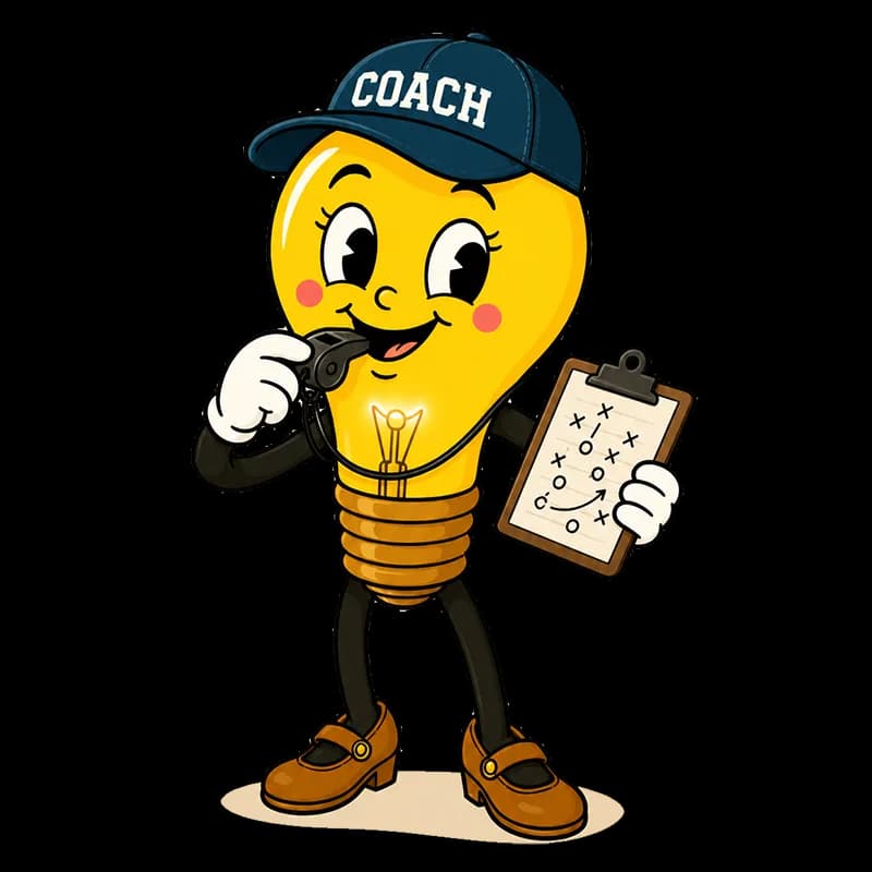 Lumi the Lightbulb mascot wearing a coach cap