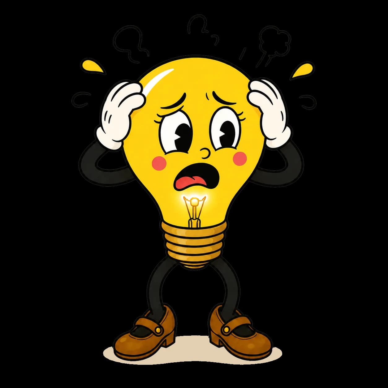 Lumi the Lightbulb mascot frustrated, holding her head with both hands and steam coming out