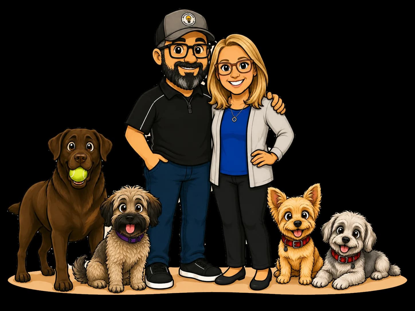 Illustrated mascot-style portrait of John and Courtney Parkins with their four dogs Cooper, Benny, Jaxy, and Ruby, with Cooper holding a tennis ball in his mouth