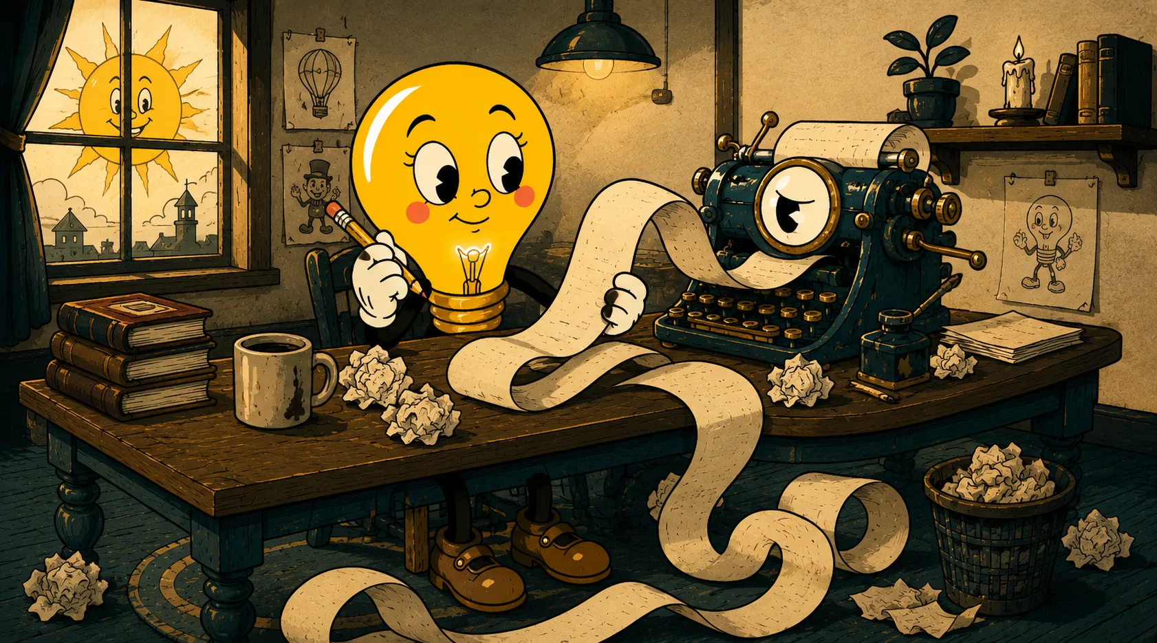 Lumi the Lightbulb at a desk reviewing AI-generated copy on a vintage 1930s machine, papers and pencils scattered around, warm studio light