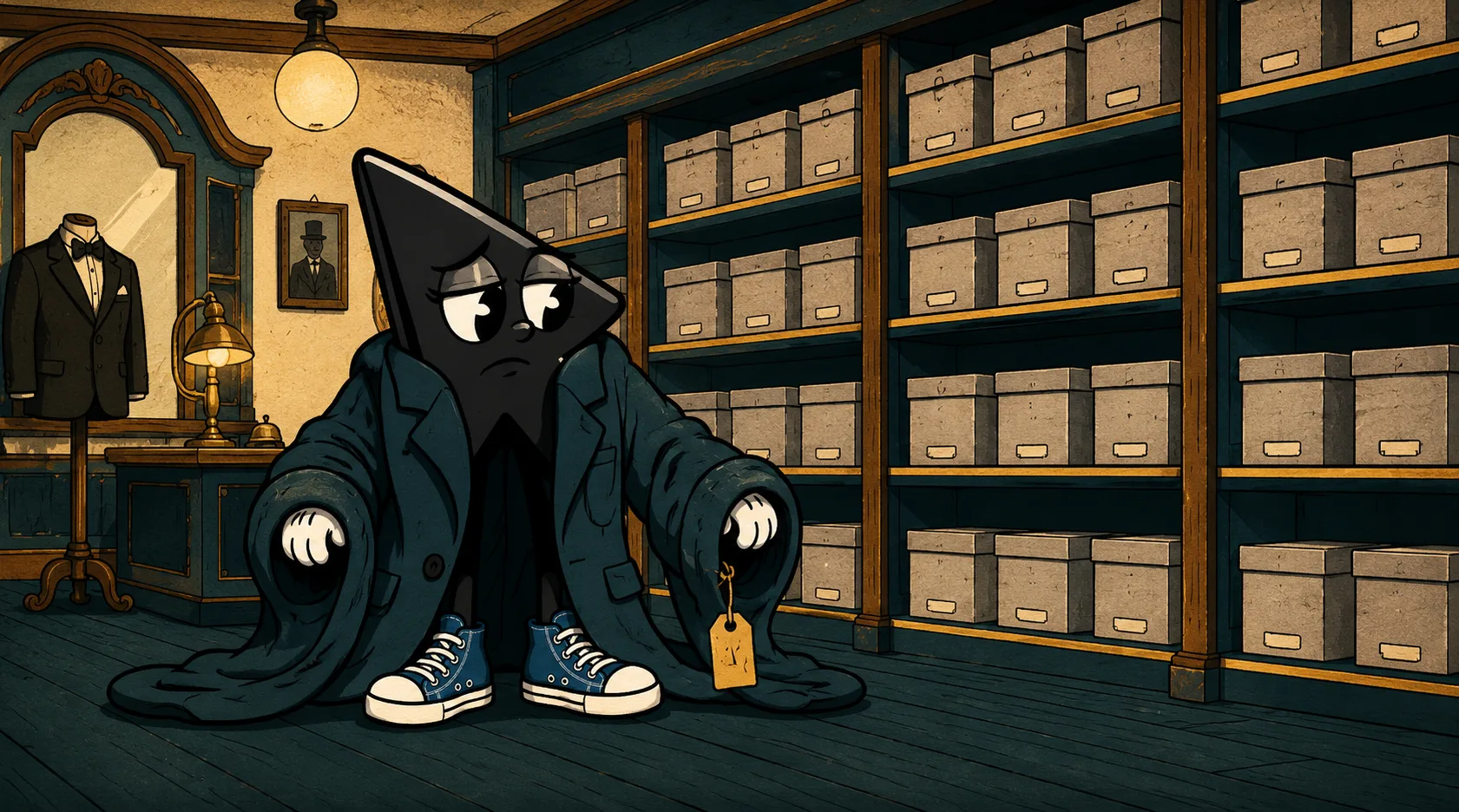 Cris the Cursor in a rental shop of identical beige software boxes, trying on a suit with sleeves far too long