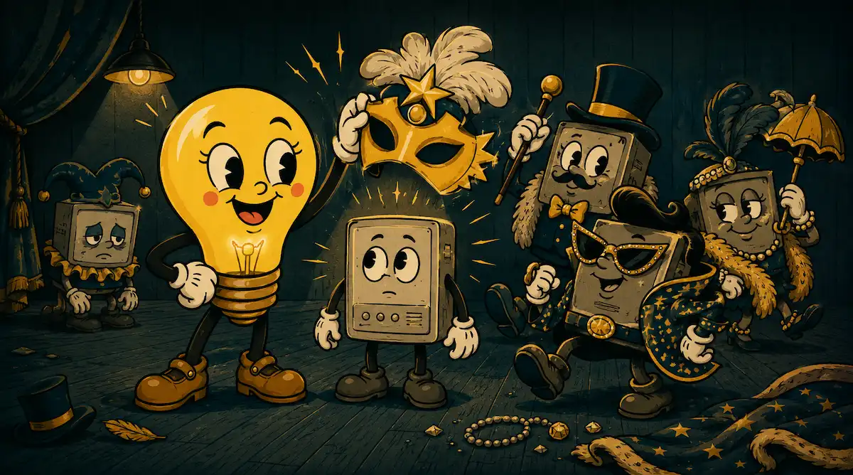 Lumi the Lightbulb calmly lifting a flashy costume off a plain little AI app to show the same machine underneath