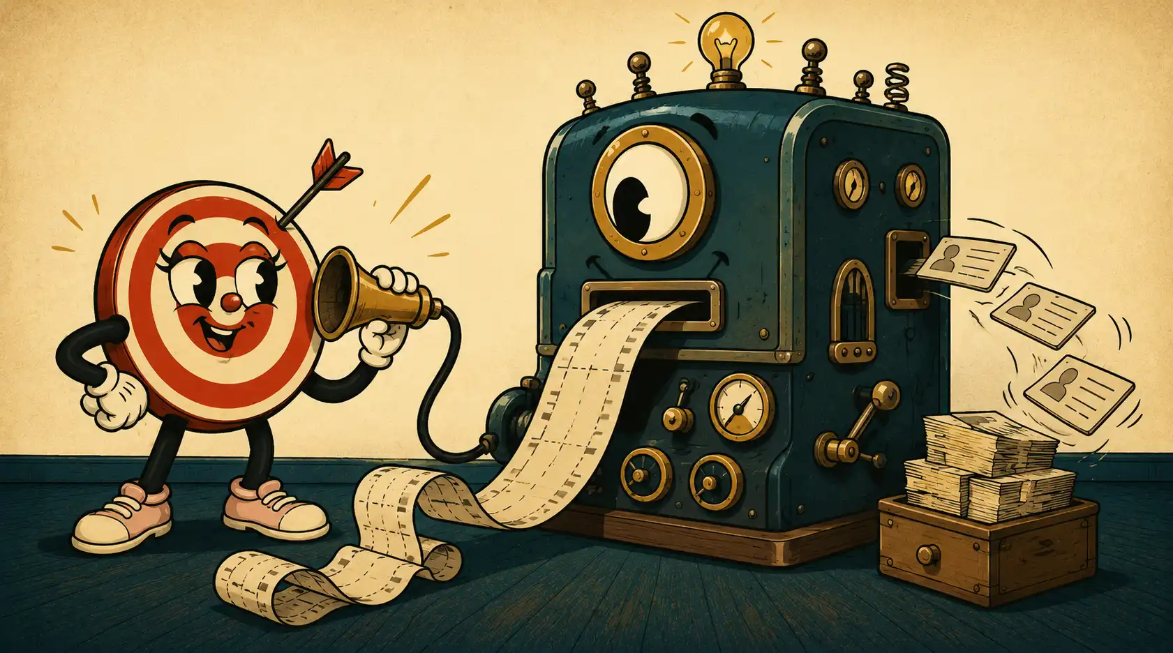 Tara the Target asking a question into a vintage answer machine that prints out a recommendation