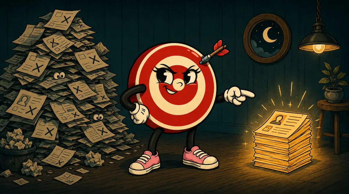 Tara the Target eyeing a big pile of dull junk leads next to a small stack of glowing good ones.