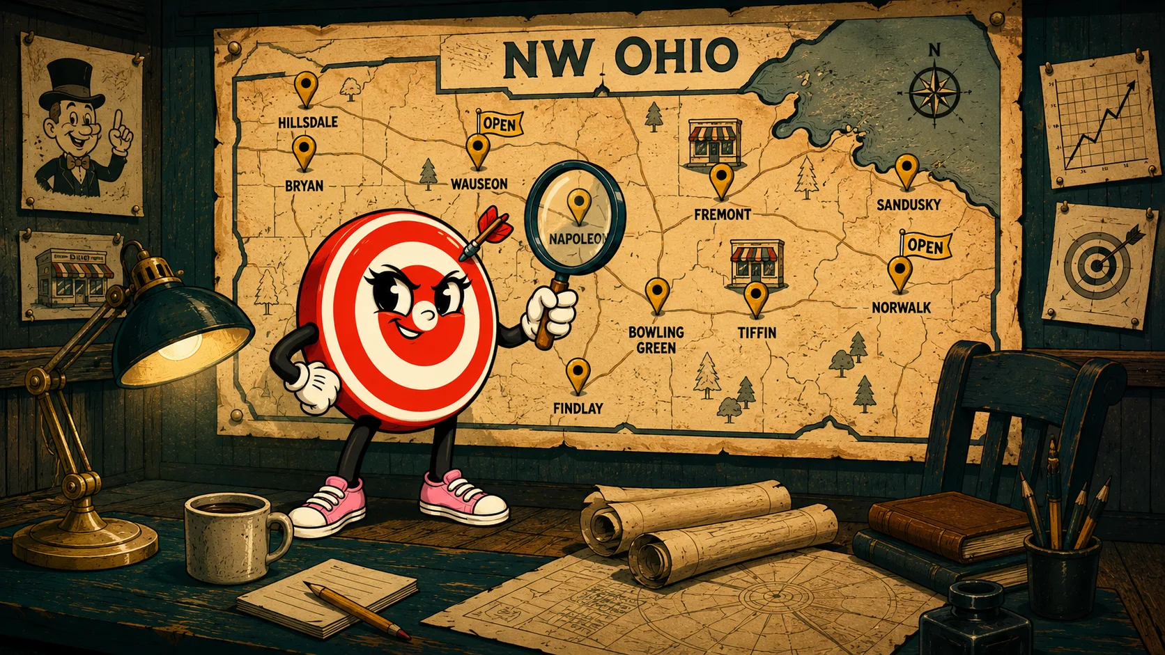 Tara the Target standing in front of a map of Northwest Ohio with location pins on multiple cities