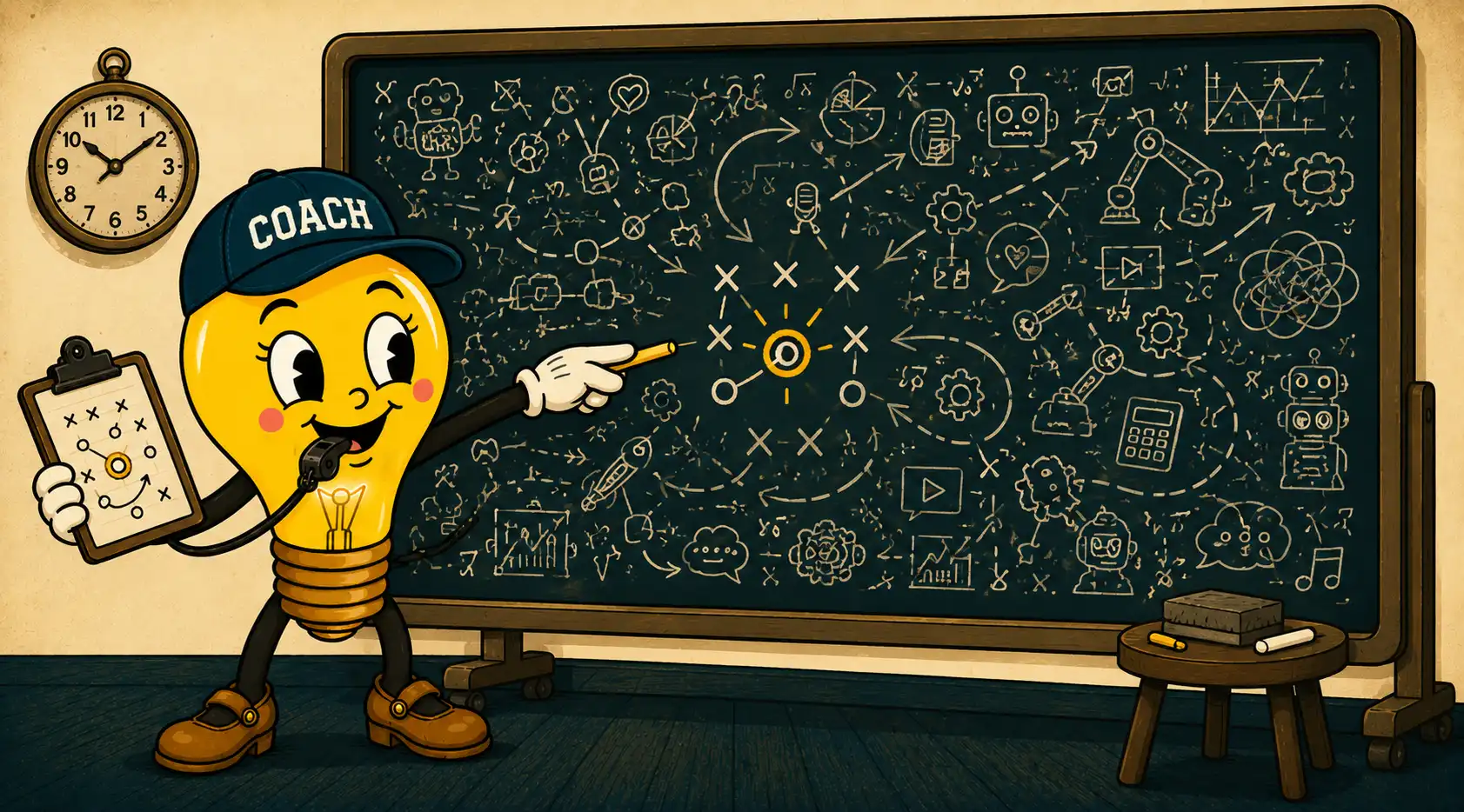 Coach Lumi the Lightbulb, wearing a COACH cap and blowing a whistle, holds up a clipboard with a single circled play while a noisy firehose of cluttered app icons and paper scraps sprays past behind her